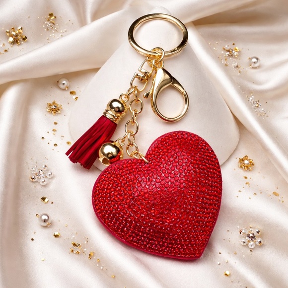 Accessories - Red Heart Keychain with Gold Accents Tassel Bell Whimsical Glam Romantic